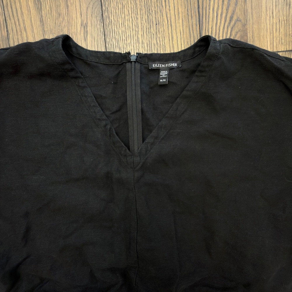 Eileen Fisher Black Linen Blend V Neck Short Sleeve Pants Jumpsuit - Picture 7 of 13